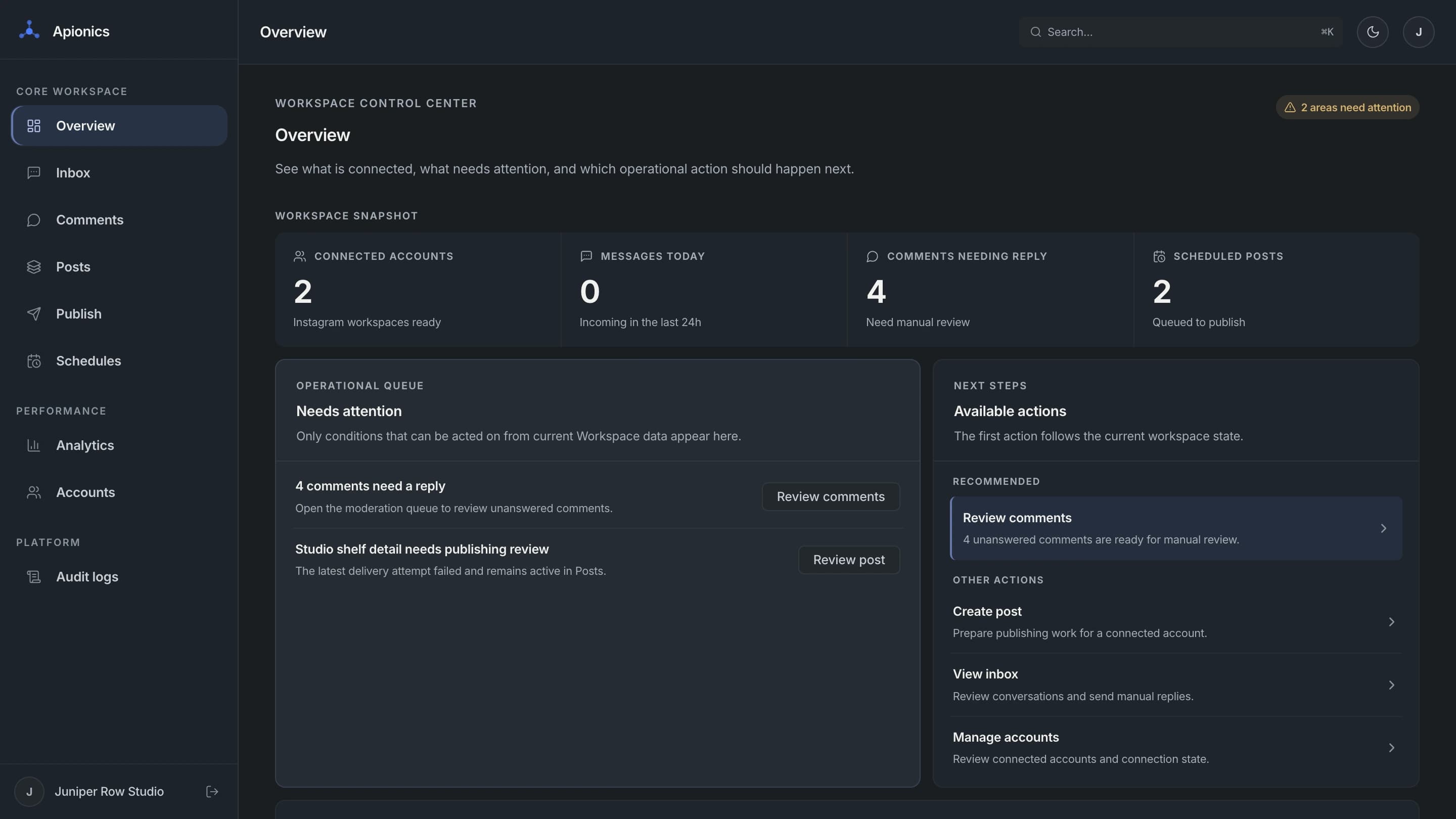 Current Apionics Workspace showing the full navigation, workspace snapshot, operational queue, and next steps