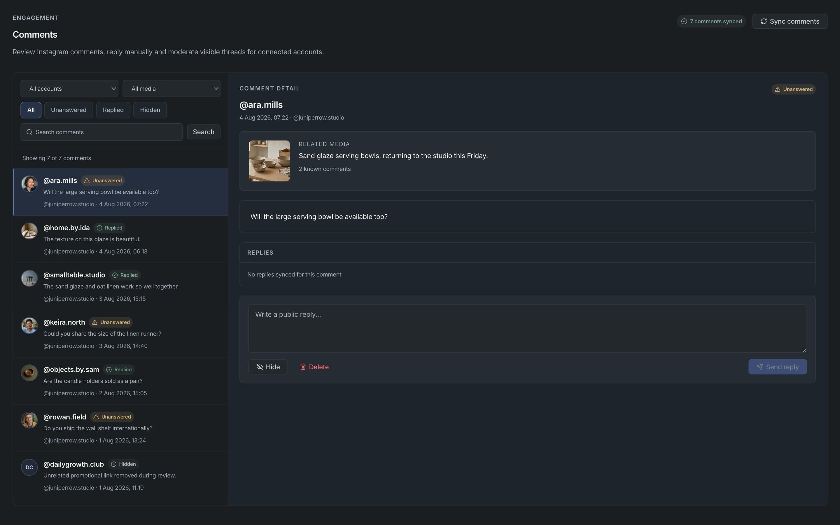 Apionics Comments showing a selected Instagram comment, its related media, replies, and moderation controls