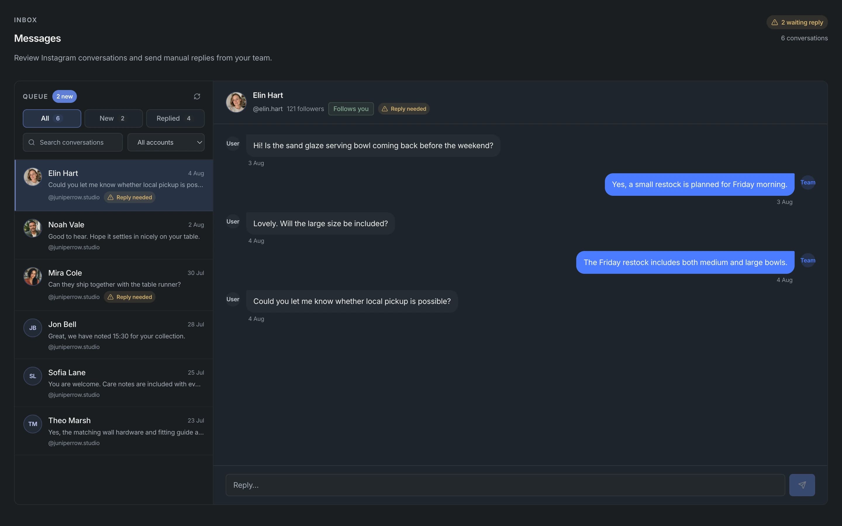 Apionics Inbox with Elin Hart selected, message history, account context, and reply field