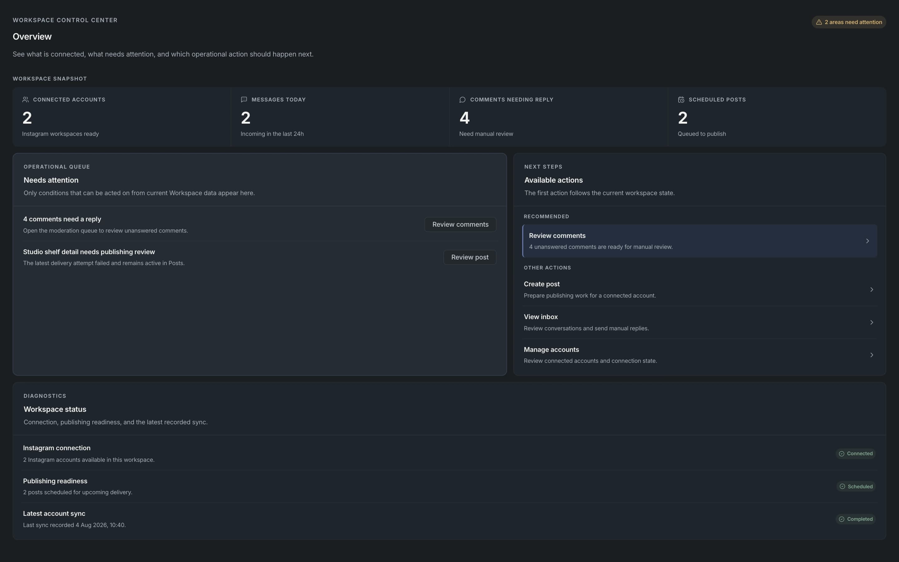 Apionics Overview showing a connected Workspace, operational queue, next steps, and diagnostics