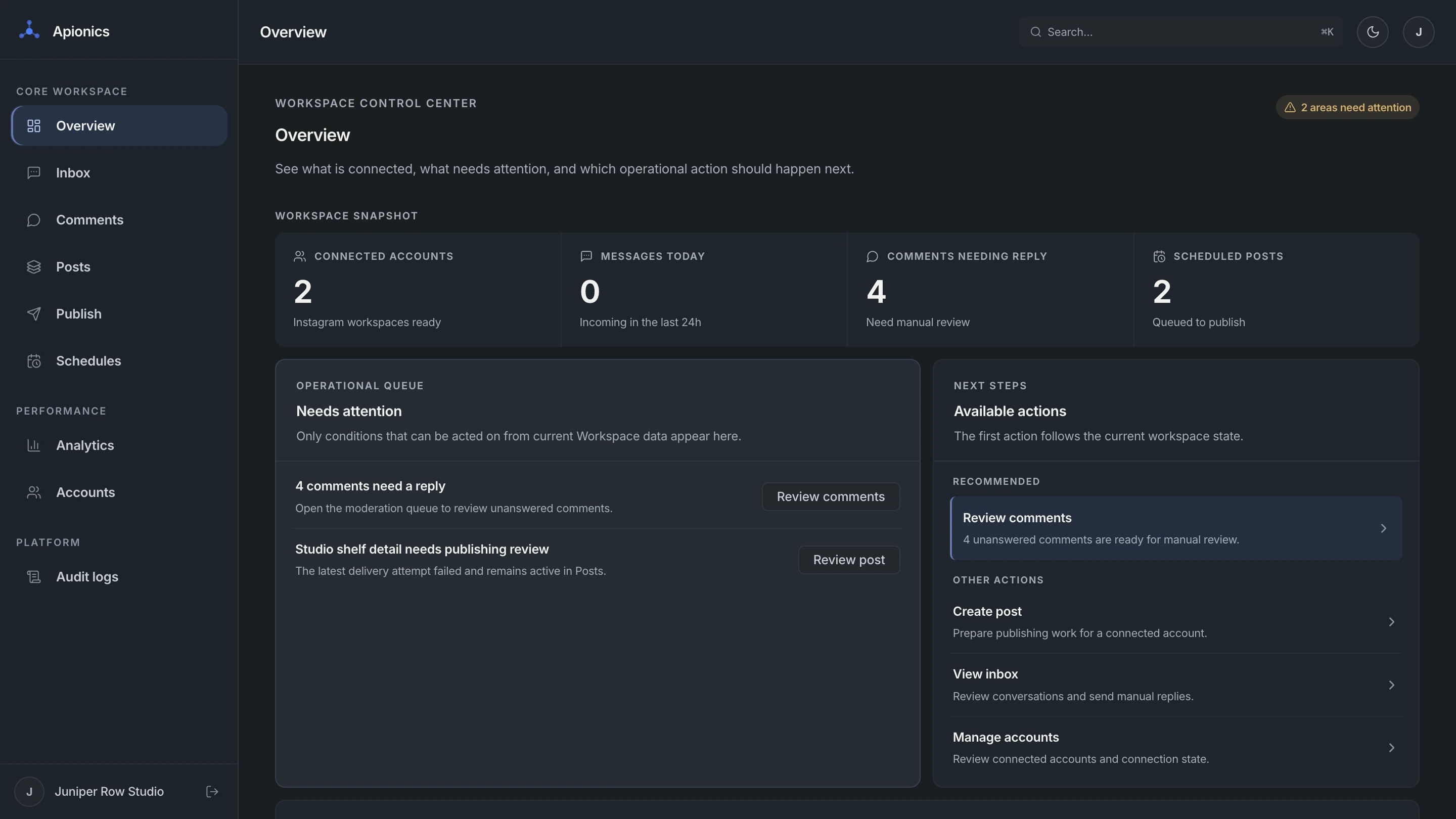 Current Apionics Workspace showing the full navigation, workspace snapshot, operational queue, and next steps