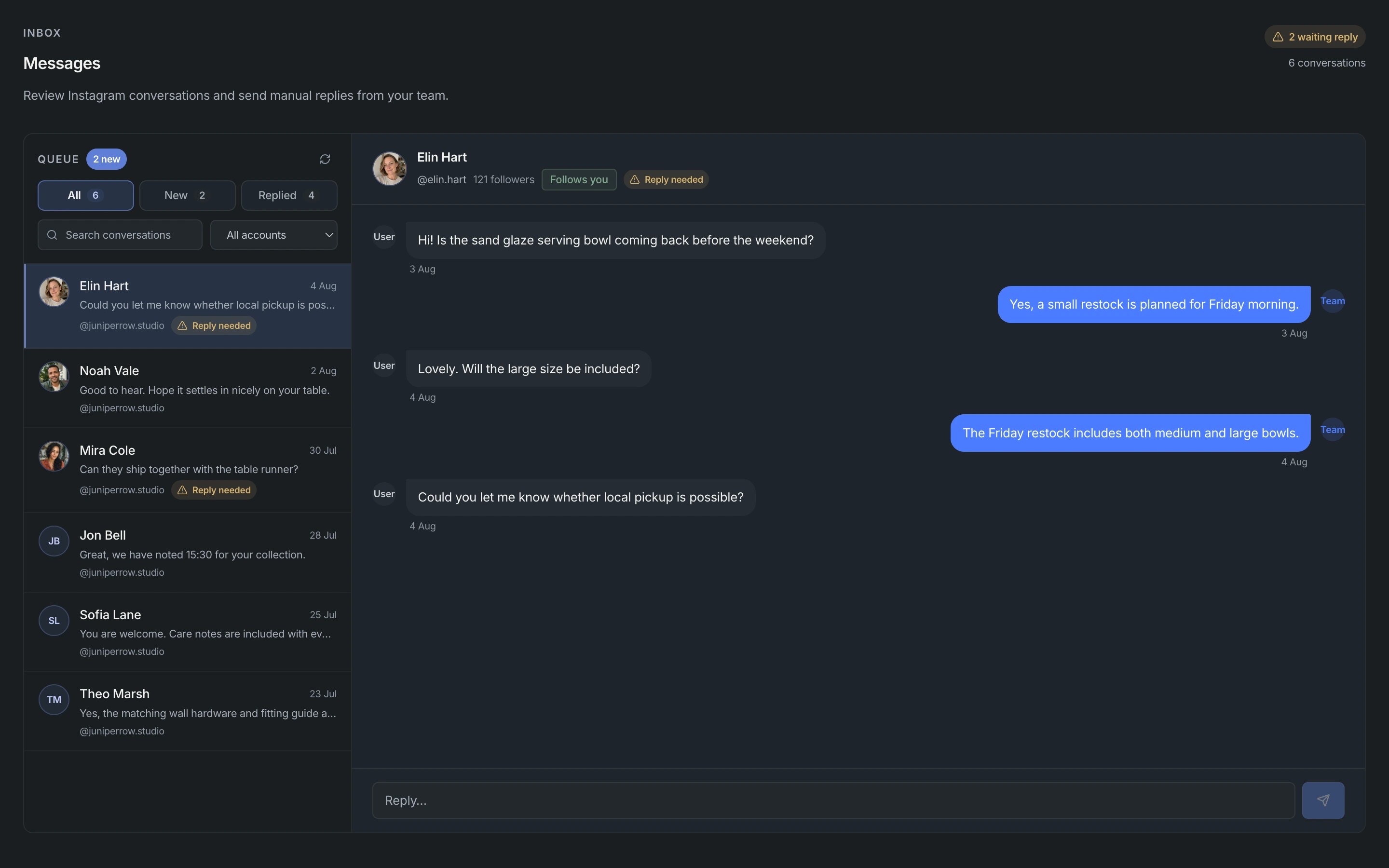 Apionics Inbox with Elin Hart selected, message history, account context, and reply field